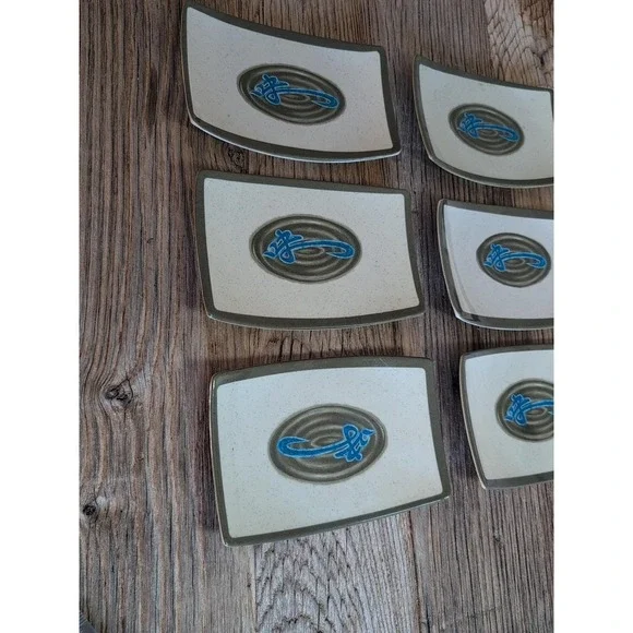 Vintage Style Sushi Plates Set of 6 Speckled Cream Blue Abstract Design - Picture 5 of 16